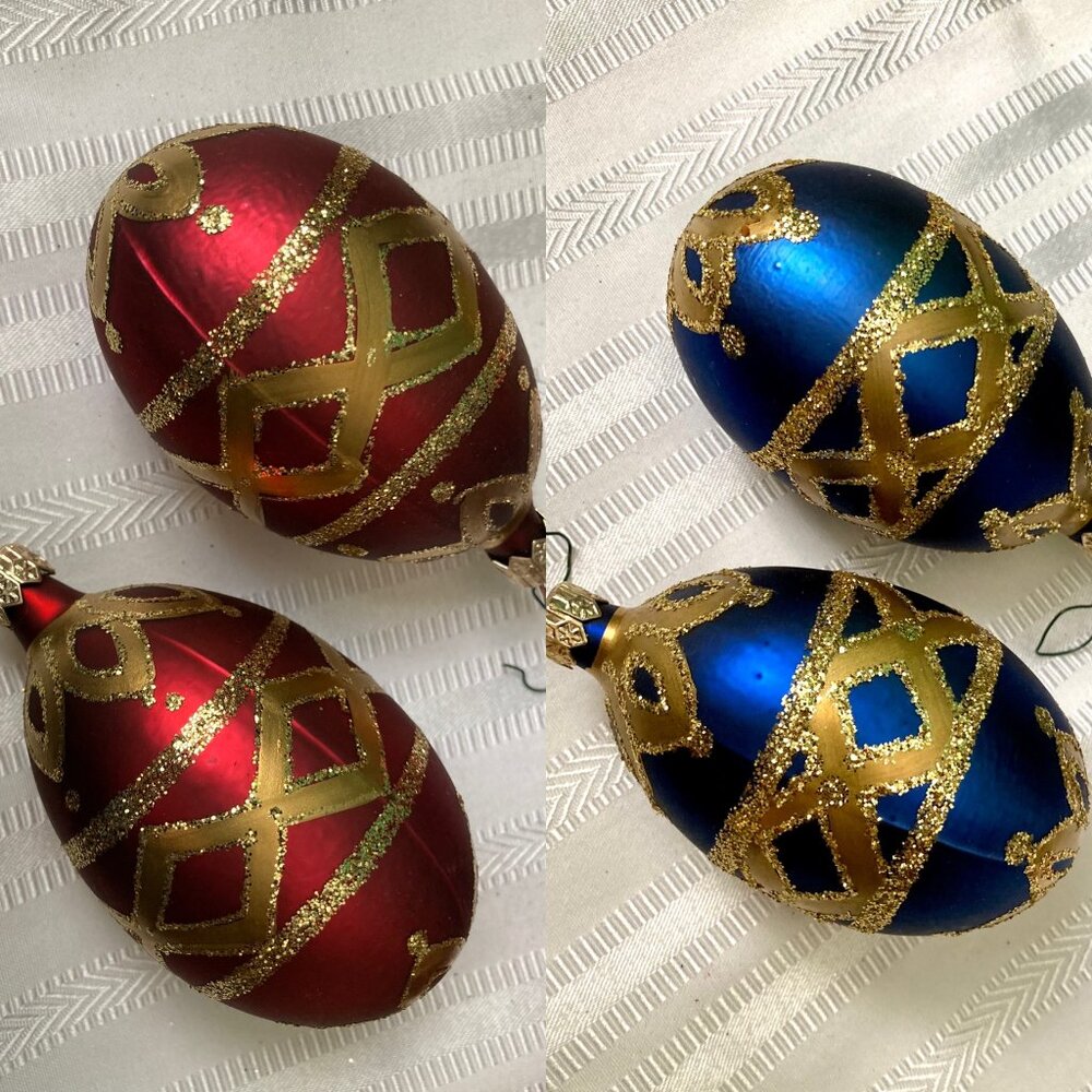 Vintage Pier Imports Glass Christmas Ornaments – Set of 4 (Red & Blue with Gold